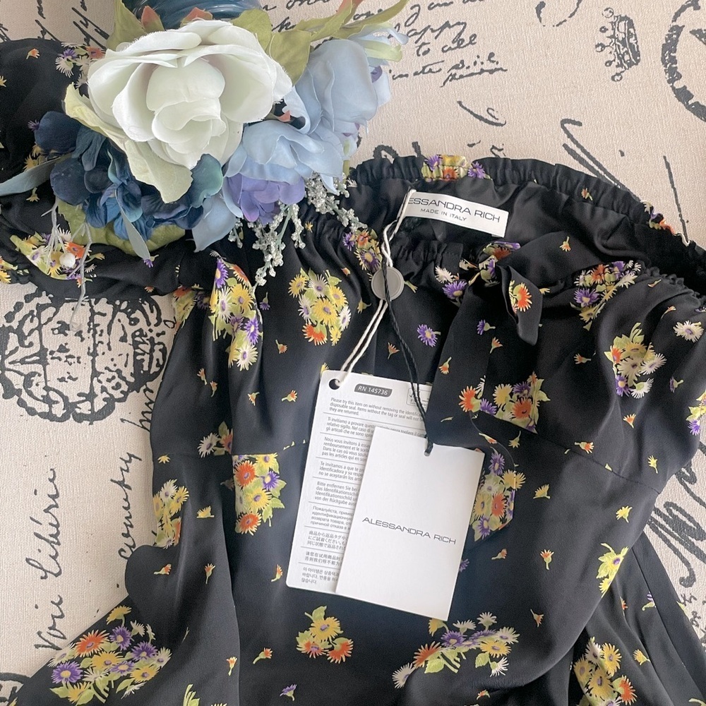 NWT Alessandra Rich Daisy Print Off-Shoulder Silk Midi Dress US 10 / IT 46 - Picture 13 of 14